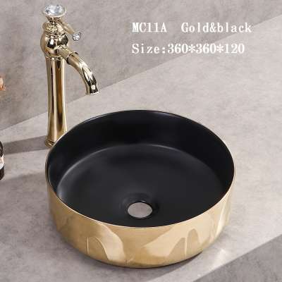 Chaozhou factory export goods Chaozhou factory Gold plated colored round counter top wash sink art ceramic basin